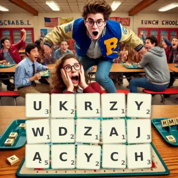 Kreatywna ilustracja do gry w Scrabble ze słowem UKRZYWDZAJĄCYCH ułożonym z płytek na planszy.