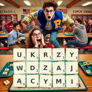 Kreatywna ilustracja do gry w Scrabble ze słowem UKRZYWDZAJĄCYMI ułożonym z płytek na planszy.