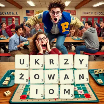 Kreatywna ilustracja do gry w Scrabble ze słowem UKRZYŻOWANIOM ułożonym z płytek na planszy.