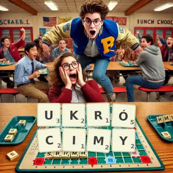 Kreatywna ilustracja do gry w Scrabble ze słowem UKRÓCIMY ułożonym z płytek na planszy.