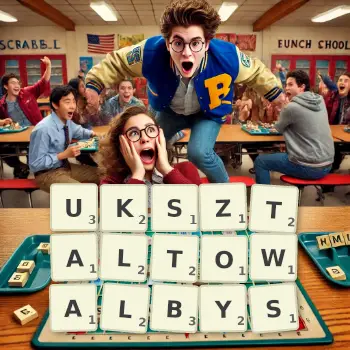 Kreatywna ilustracja do gry w Scrabble ze słowem UKSZTALTOWALBYS ułożonym z płytek na planszy.