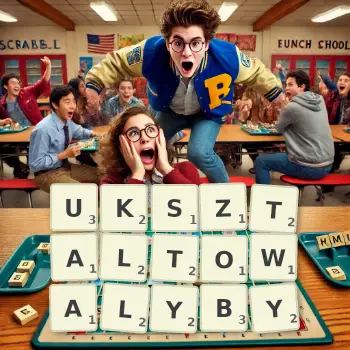 Kreatywna ilustracja do gry w Scrabble ze słowem UKSZTALTOWALYBY ułożonym z płytek na planszy.