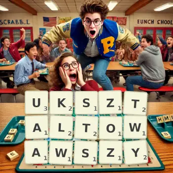 Kreatywna ilustracja do gry w Scrabble ze słowem UKSZTALTOWAWSZY ułożonym z płytek na planszy.