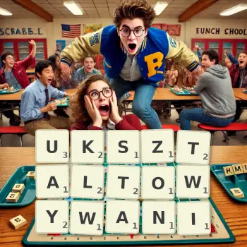 Kreatywna ilustracja do gry w Scrabble ze słowem UKSZTALTOWYWANI ułożonym z płytek na planszy.