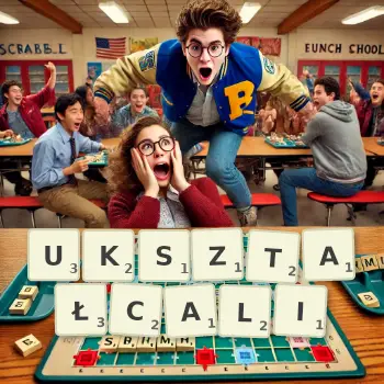Kreatywna ilustracja do gry w Scrabble ze słowem UKSZTAŁCALI ułożonym z płytek na planszy.