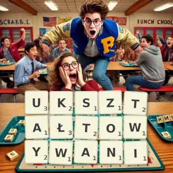 Kreatywna ilustracja do gry w Scrabble ze słowem UKSZTAŁTOWYWANI ułożonym z płytek na planszy.