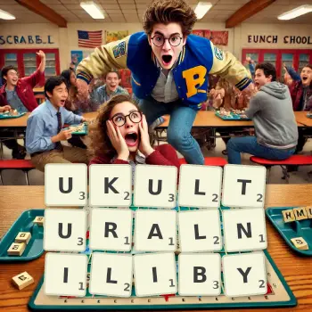 Kreatywna ilustracja do gry w Scrabble ze słowem UKULTURALNILIBY ułożonym z płytek na planszy.