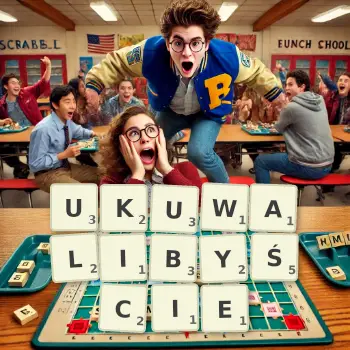 Kreatywna ilustracja do gry w Scrabble ze słowem UKUWALIBYŚCIE ułożonym z płytek na planszy.