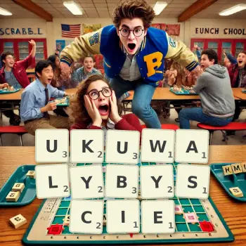 Kreatywna ilustracja do gry w Scrabble ze słowem UKUWALYBYSCIE ułożonym z płytek na planszy.