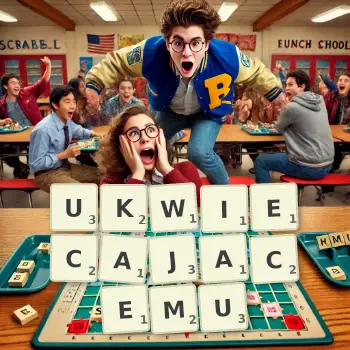 Kreatywna ilustracja do gry w Scrabble ze słowem UKWIECAJACEMU ułożonym z płytek na planszy.