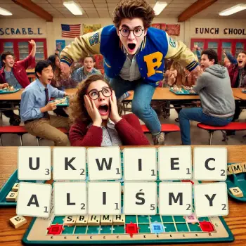 Kreatywna ilustracja do gry w Scrabble ze słowem UKWIECALIŚMY ułożonym z płytek na planszy.