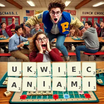 Kreatywna ilustracja do gry w Scrabble ze słowem UKWIECANIAMI ułożonym z płytek na planszy.