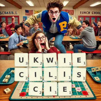 Kreatywna ilustracja do gry w Scrabble ze słowem UKWIECILISCIE ułożonym z płytek na planszy.