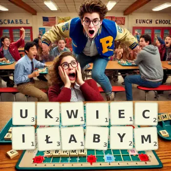 Kreatywna ilustracja do gry w Scrabble ze słowem UKWIECIŁABYM ułożonym z płytek na planszy.