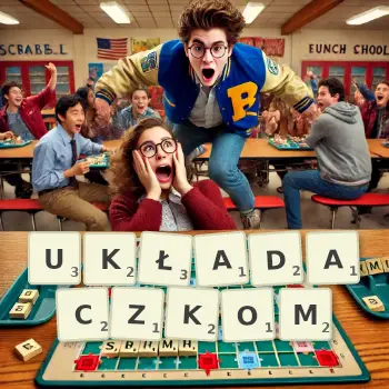Kreatywna ilustracja do gry w Scrabble ze słowem UKŁADACZKOM ułożonym z płytek na planszy.