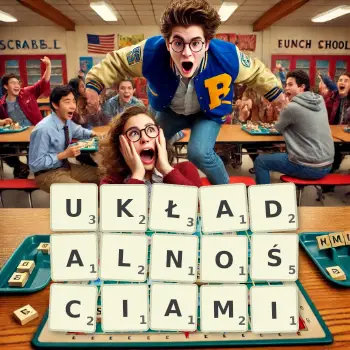 Kreatywna ilustracja do gry w Scrabble ze słowem UKŁADALNOŚCIAMI ułożonym z płytek na planszy.