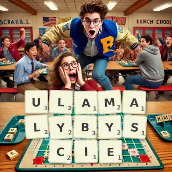 Kreatywna ilustracja do gry w Scrabble ze słowem ULAMALYBYSCIE ułożonym z płytek na planszy.