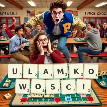 Kreatywna ilustracja do gry w Scrabble ze słowem ULAMKOWOSCI ułożonym z płytek na planszy.