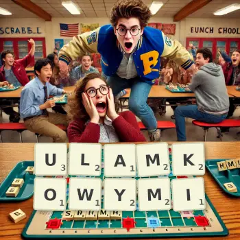 Kreatywna ilustracja do gry w Scrabble ze słowem ULAMKOWYMI ułożonym z płytek na planszy.