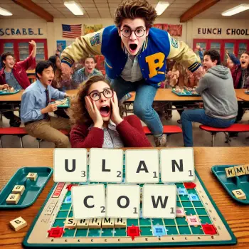 Kreatywna ilustracja do gry w Scrabble ze słowem ULANCOW ułożonym z płytek na planszy.