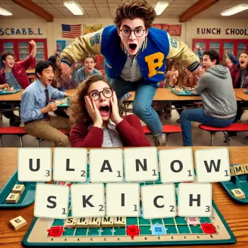 Kreatywna ilustracja do gry w Scrabble ze słowem ULANOWSKICH ułożonym z płytek na planszy.