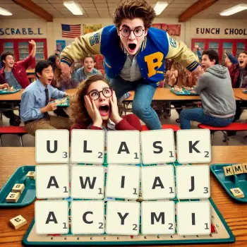 Kreatywna ilustracja do gry w Scrabble ze słowem ULASKAWIAJACYMI ułożonym z płytek na planszy.