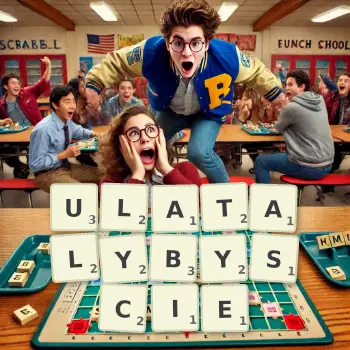 Kreatywna ilustracja do gry w Scrabble ze słowem ULATALYBYSCIE ułożonym z płytek na planszy.