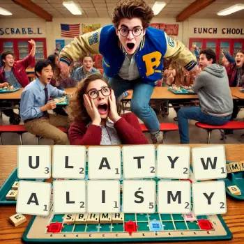 Kreatywna ilustracja do gry w Scrabble ze słowem ULATYWALIŚMY ułożonym z płytek na planszy.