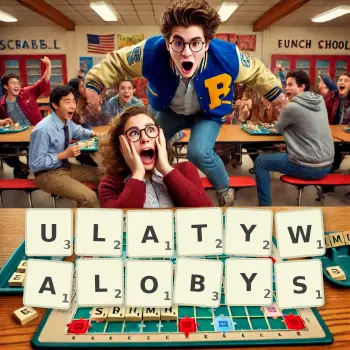 Kreatywna ilustracja do gry w Scrabble ze słowem ULATYWALOBYS ułożonym z płytek na planszy.