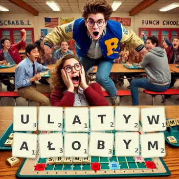 Kreatywna ilustracja do gry w Scrabble ze słowem ULATYWAŁOBYM ułożonym z płytek na planszy.