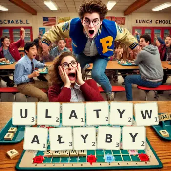 Kreatywna ilustracja do gry w Scrabble ze słowem ULATYWAŁYBY ułożonym z płytek na planszy.