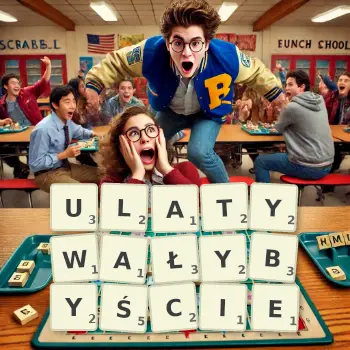 Kreatywna ilustracja do gry w Scrabble ze słowem ULATYWAŁYBYŚCIE ułożonym z płytek na planszy.