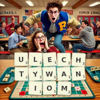 Kreatywna ilustracja do gry w Scrabble ze słowem ULECHTYWANIOM ułożonym z płytek na planszy.