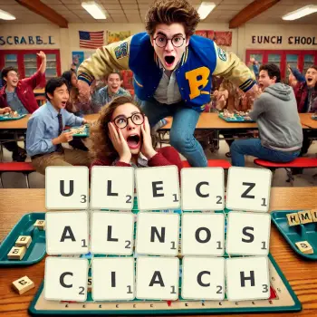 Kreatywna ilustracja do gry w Scrabble ze słowem ULECZALNOSCIACH ułożonym z płytek na planszy.