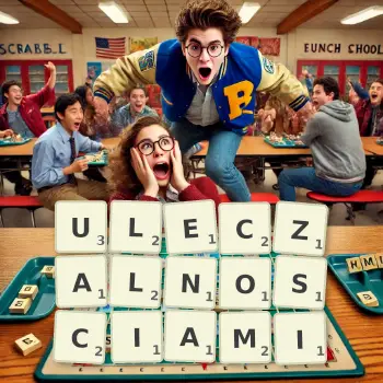 Kreatywna ilustracja do gry w Scrabble ze słowem ULECZALNOSCIAMI ułożonym z płytek na planszy.