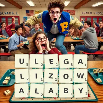 Kreatywna ilustracja do gry w Scrabble ze słowem ULEGALIZOWALABY ułożonym z płytek na planszy.