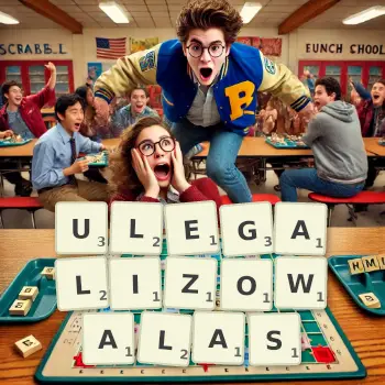 Kreatywna ilustracja do gry w Scrabble ze słowem ULEGALIZOWALAS ułożonym z płytek na planszy.