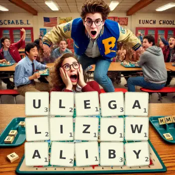 Kreatywna ilustracja do gry w Scrabble ze słowem ULEGALIZOWALIBY ułożonym z płytek na planszy.