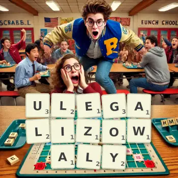 Kreatywna ilustracja do gry w Scrabble ze słowem ULEGALIZOWALY ułożonym z płytek na planszy.