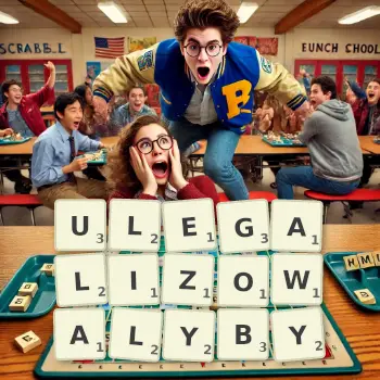 Kreatywna ilustracja do gry w Scrabble ze słowem ULEGALIZOWALYBY ułożonym z płytek na planszy.