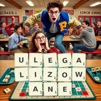 Kreatywna ilustracja do gry w Scrabble ze słowem ULEGALIZOWANE ułożonym z płytek na planszy.