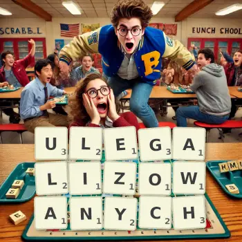 Kreatywna ilustracja do gry w Scrabble ze słowem ULEGALIZOWANYCH ułożonym z płytek na planszy.