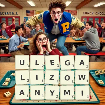 Kreatywna ilustracja do gry w Scrabble ze słowem ULEGALIZOWANYMI ułożonym z płytek na planszy.