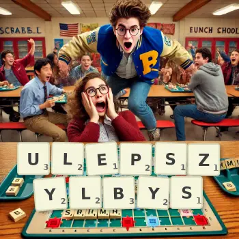 Kreatywna ilustracja do gry w Scrabble ze słowem ULEPSZYLBYS ułożonym z płytek na planszy.