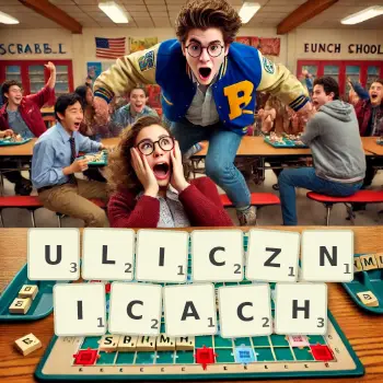 Kreatywna ilustracja do gry w Scrabble ze słowem ULICZNICACH ułożonym z płytek na planszy.