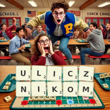 Kreatywna ilustracja do gry w Scrabble ze słowem ULICZNIKOM ułożonym z płytek na planszy.