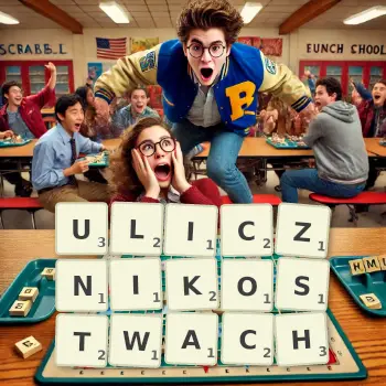 Kreatywna ilustracja do gry w Scrabble ze słowem ULICZNIKOSTWACH ułożonym z płytek na planszy.