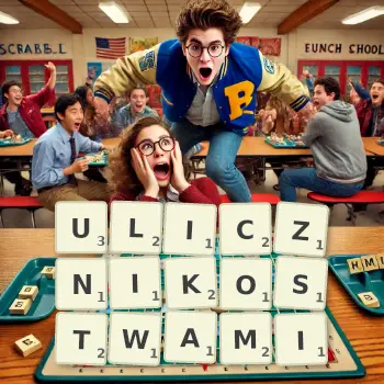 Kreatywna ilustracja do gry w Scrabble ze słowem ULICZNIKOSTWAMI ułożonym z płytek na planszy.