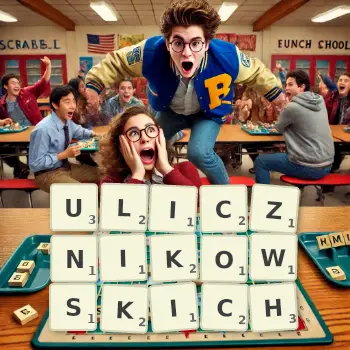 Kreatywna ilustracja do gry w Scrabble ze słowem ULICZNIKOWSKICH ułożonym z płytek na planszy.