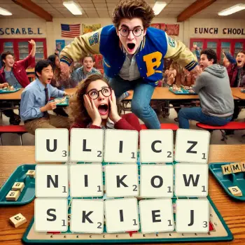 Kreatywna ilustracja do gry w Scrabble ze słowem ULICZNIKOWSKIEJ ułożonym z płytek na planszy.